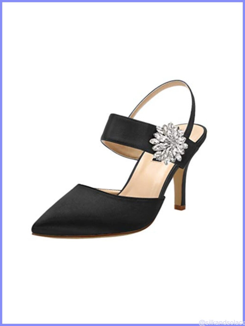 Mid Heel Slingback Satin Dress Pumps Pointed Toe Rhinestone Brooch Evening Prom